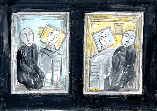 Figure two, Online working in room spaces, Painting (D. Wright)